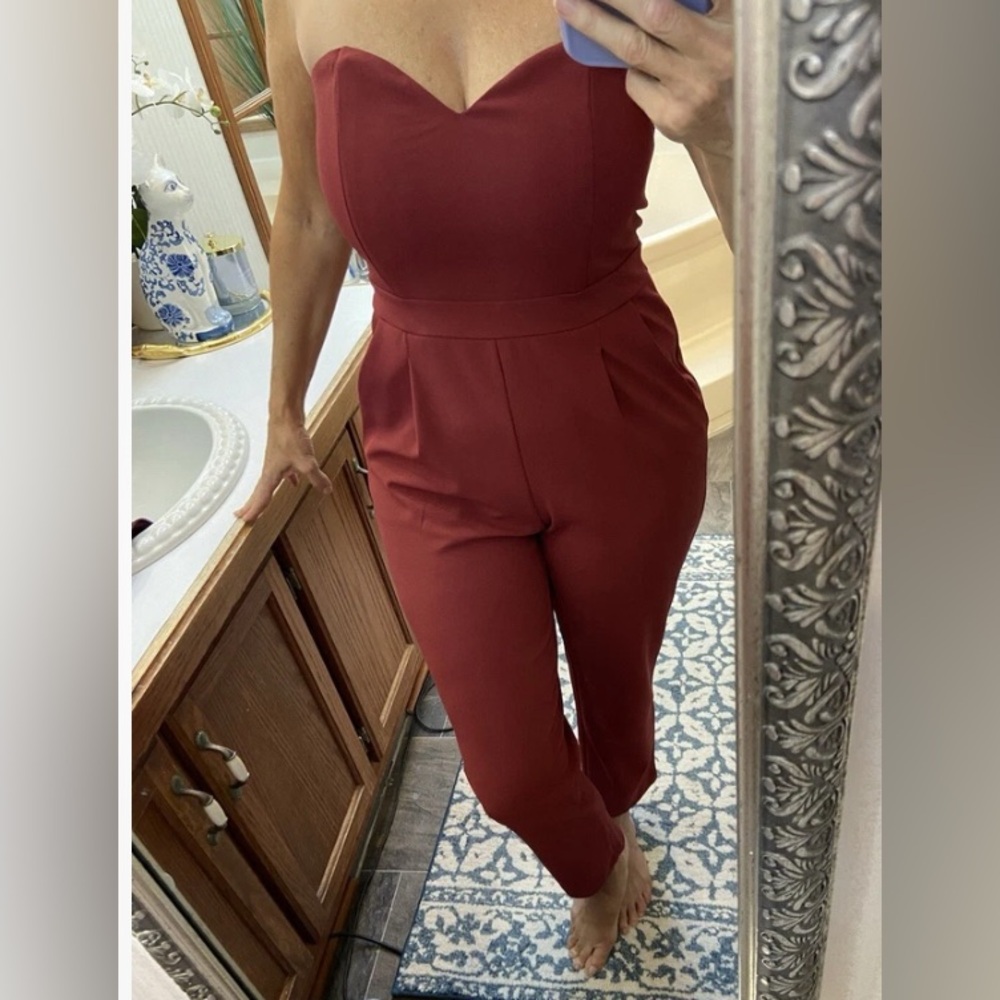 Express Strapless Burgundy Jumpsuit